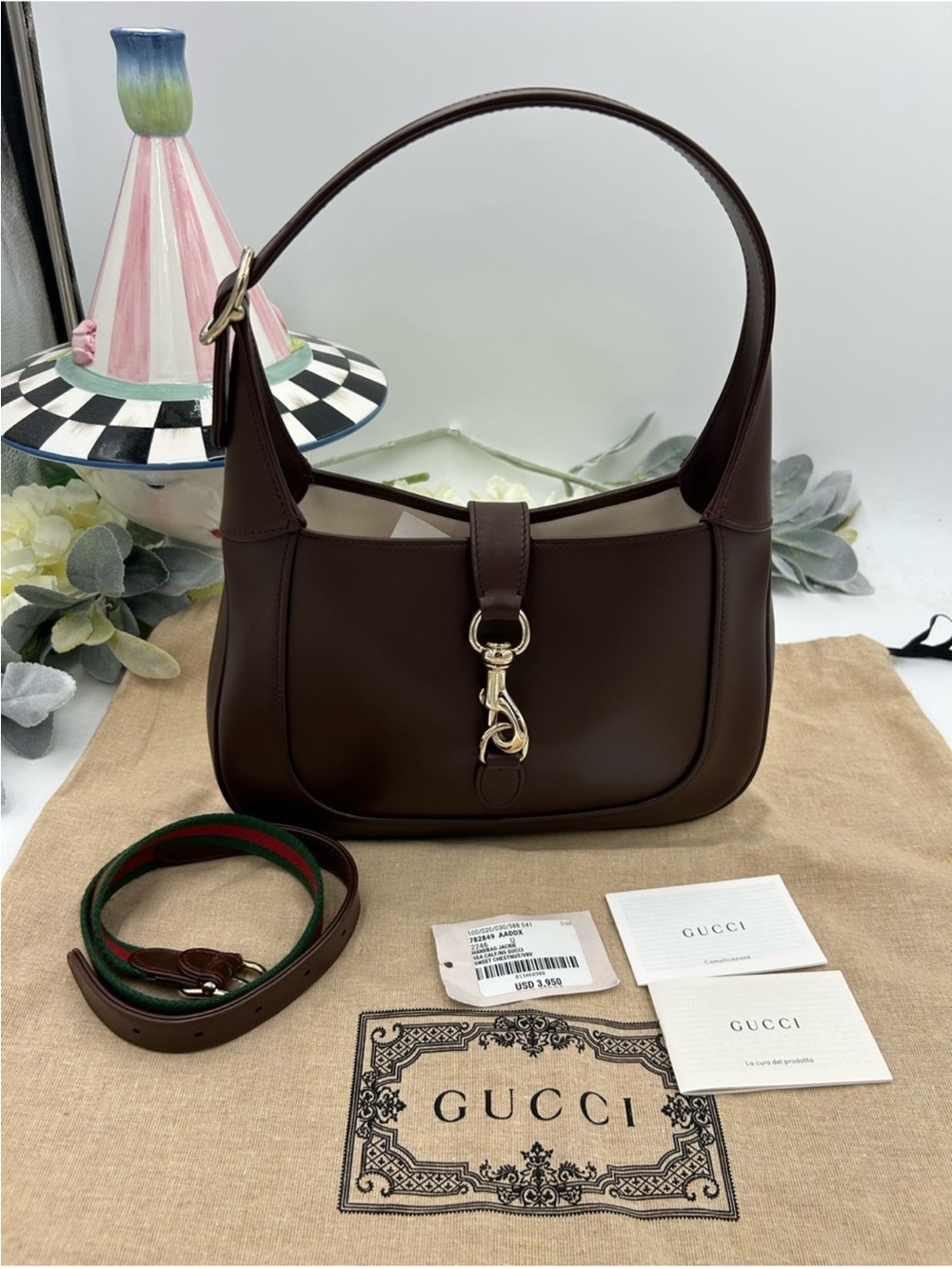 Gucci Brown Leather Jackie 1961 leather shoulder bag .